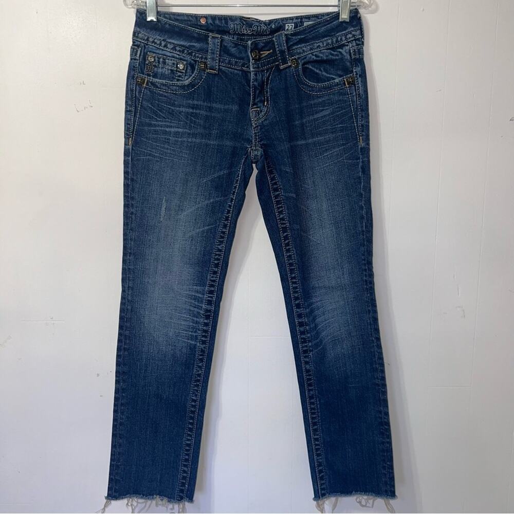 Miss Me Skinny Raw Hem Embroidered Bling Pocket Denim Y2k Moto Jeans Size 27 - Picture 3 of 15